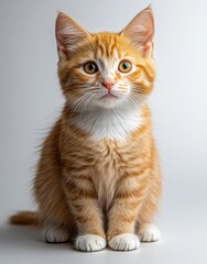 Obraz premium Adorable ginger kitten with bright orange fur and expressive eyes sitting elegantly on a light gray background, a perfect companion for pet lovers and cat enthusiasts.