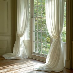 Bright, airy room with flowing white curtains framing a large window, revealing a lush green garden outside, evoking tranquility