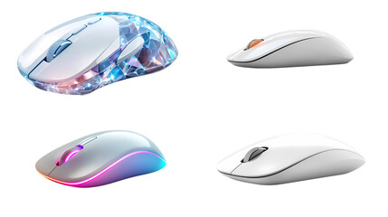 Four wireless mouse in different angles, all of them have different colored LED lights,  white and sliver mouse with minimalist and modern design.