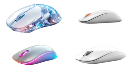 Four wireless mouse in different angles, all of them have different colored LED lights,  white and sliver mouse with minimalist and modern design.