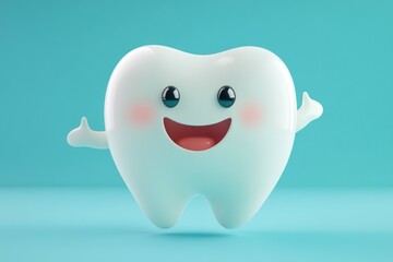 Obraz premium Happy Cartoon Tooth Character with Cute Smile and Friendly Expression on a Light Blue Background