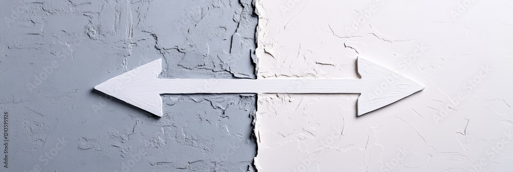 Aufkleber White double arrow pointing in opposite directions on a textured gray and white background representing choices, decision making, and the fear of better options - fobo -