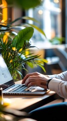 A close-up of a marketing strategist creating ad copy on a laptop in a modern office with plants and sleek furniture