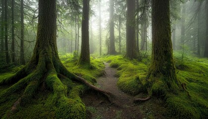 Fototapeta premium Mossy Forest Path Through Tall Trees