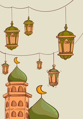 Ramadan Kareem or Eid Mubarak Islamic icon with mosque, lantern, lamp, cressent moon vector illustration background vector design.