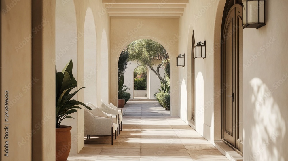Poster mediterranean hallway lined with elegant chairs and lush greenery creating a serene atmosphere