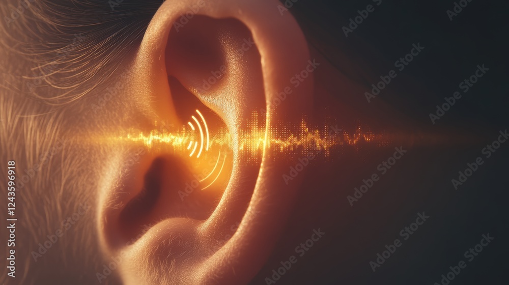 Poster sound waves entering human ear canal, creating a visualization of the hearing process, useful for au