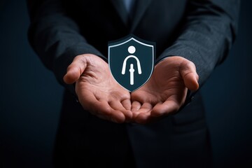 Businessperson's hands protecting a person icon with a shield.