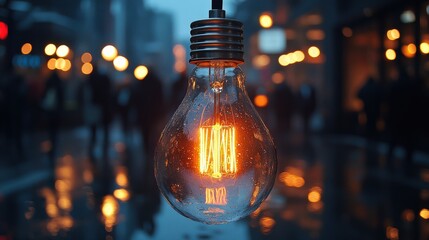 Glowing vintage light bulb hanging over a rainy street, illuminating pedestrians in the background