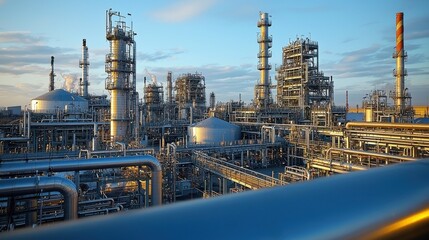 Fototapeta premium Aerial shot of a chemical plant with large tanks and numerous pipes. The view provides a comprehensive look at the industrial layout and manufacturing processes.