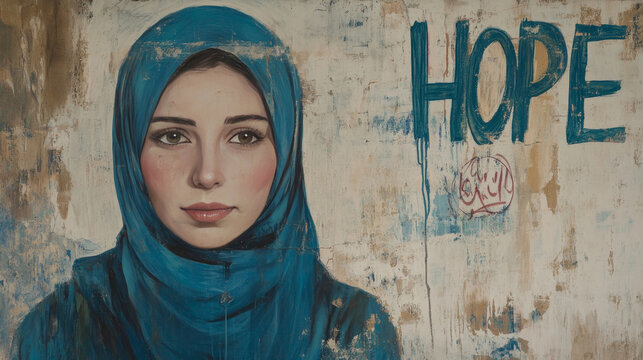 "HOPE" graffiti sign on a wall with bold typography, symbolizing women's rights, empowerment, and social justice. A strong statement of optimism, activism, and equality in urban street art