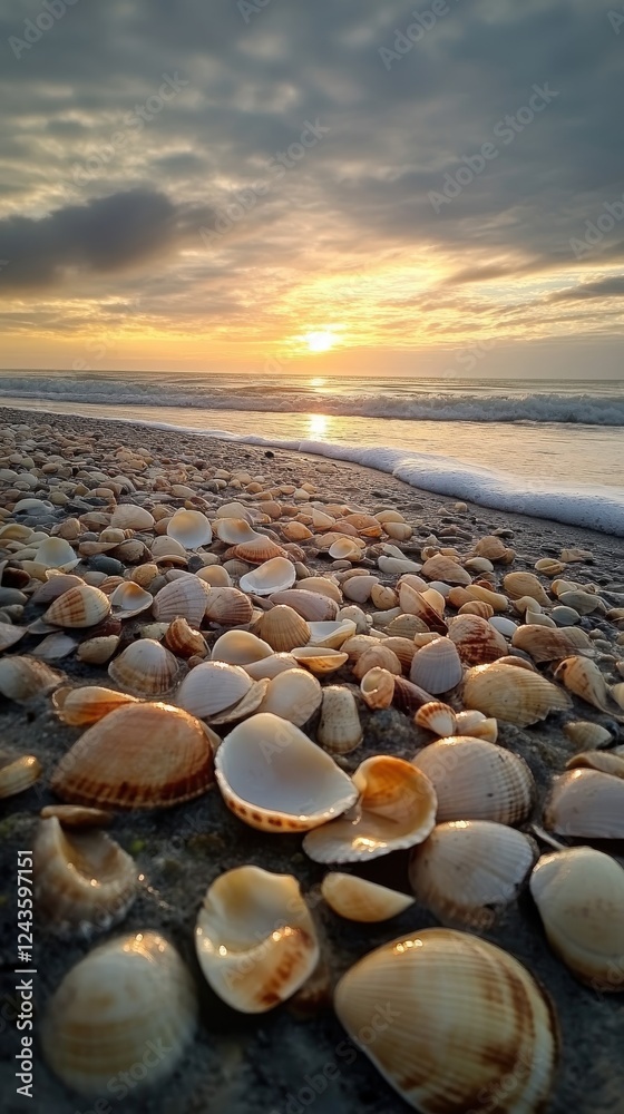 Poster sunset over a tranquil beach scattered with seashells and gentle waves lapping at the shore