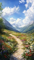 Fototapeta premium Serene mountain landscape with vibrant wildflowers and a winding path under a bright blue sky