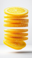 Vibrant yellow lemon slices levitate against a bright white background, creating a refreshing and zesty image. The texture appears slightly sparkling