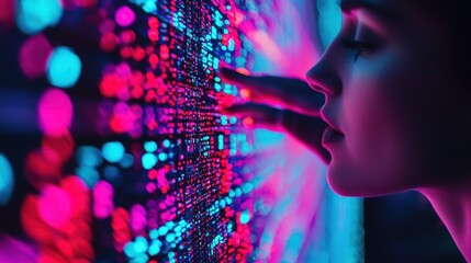 Woman Touching Digital Display with Neon Lights and Textures