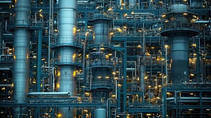 Top-down view of an oil refinery facility showcasing its intricate network of pipelines, distillation units, and storage tanks. Highlighting the industrial infrastructure.