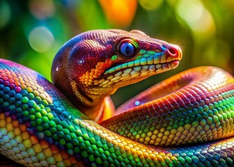 Fototapeta premium Prismatic Rainbow Boa: Vibrant Scales in Soft Light - Stunning Nature Stock Photo