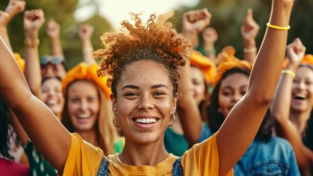 Empowered young women participate in a vibrant feminist protest in a public park
