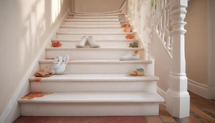 White canvas shoes on vibrant painted staircase, footwear, modern