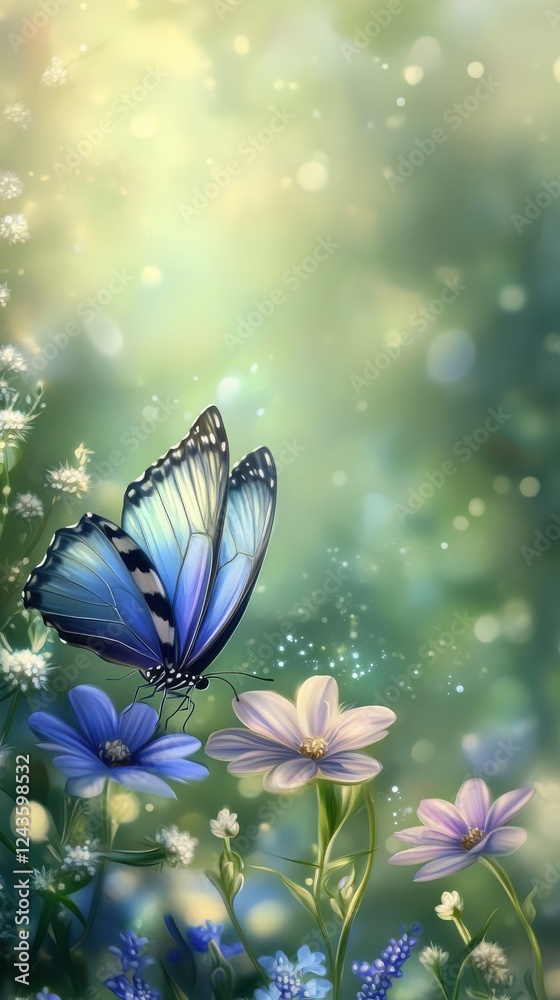 Poster close-up view of a vibrant butterfly resting on colorful flowers in a serene garden during a sunny d