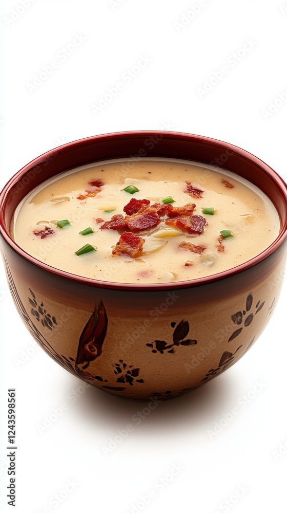 Poster close-up of a steaming bowl of creamy soup topped with crispy bacon and green onions on a clean whit