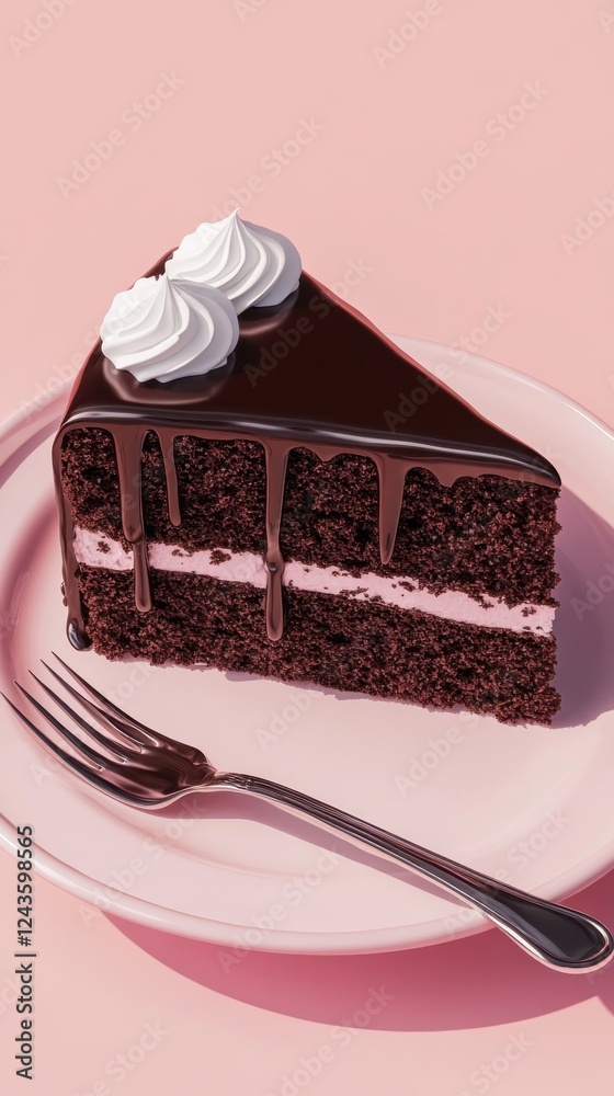 Poster Close-up view of a decadent chocolate cake slice with creamy frosting on a pastel-colored plate