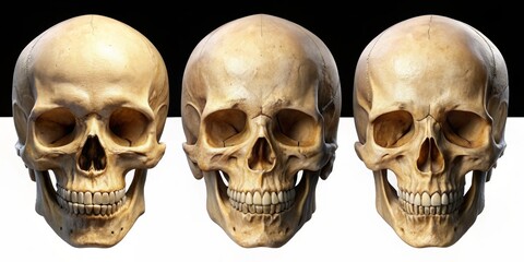Realistic Human Skulls Displayed in Three Different Views
