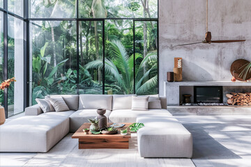 Modern living room with large glass windows overlooking lush greenery, minimalist furniture, neutral tones, and natural decor elements for a serene ambiance