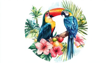 Obraz premium Tropical Paradise Birds in Watercolor Style