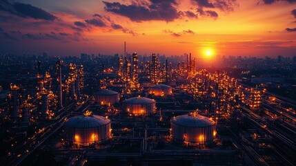 Fototapeta premium The industrial tank gleams in the last light of the day, with the sunset sky casting vibrant orange and purple hues. The surrounding industrial area reflects the glow of the setting sun.