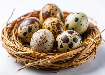 Obraz premium Quail Eggs in Nest, High-Resolution Stock Photo: Close-up of delicate speckled quail eggs nestled in a natural bird's nest, isolated on a pure white background. Perfect for Easter,