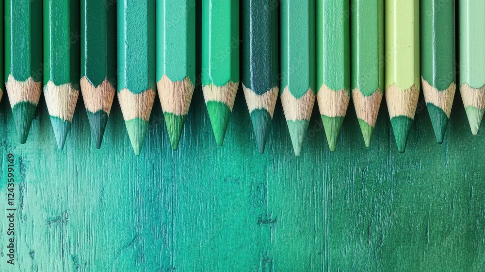 Aufkleber green pencil strokes create a beautiful gradient on a wooden surface in a creative workspace