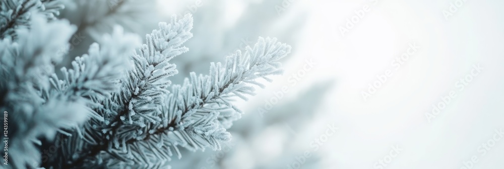 Poster close up of a pine tree branch covered in delicate hoarfrost crystals, creating a beautiful winter s