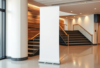 White Blank roll-up banner template standing in lobby side stairs. Blank advertisement mockup in business space, Commercial pull-up display, for add cover