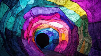 Fototapeta premium Colorful Abstract Tunnel of Fabric and Light in a Dark Space