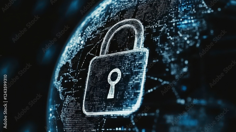 Wall mural abstract digital globe with a glowing lock, representing global security and data protection. dark b