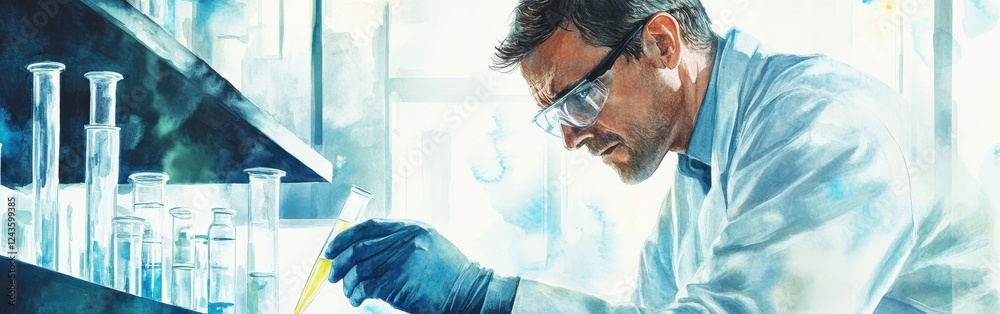 Aufkleber portrait of a focused scientist conducting experiments in a bright laboratory with a watercolor back