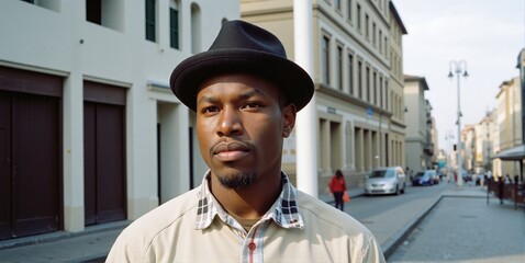 A confident young African American man radiates pride, wearing a stylish hat that frames his charismatic and determined expression