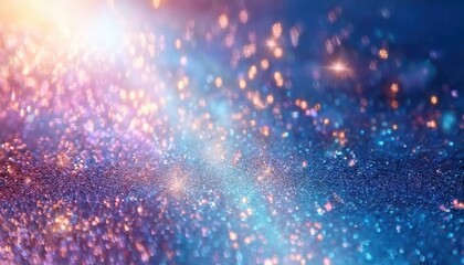Obraz premium ethereal bokeh background with sparkling blue, pink, and gold glitter particles illuminated by soft glowing light