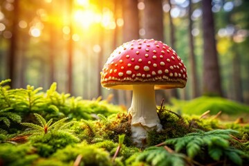 Red and White Spotted Mushroom on Mossy Forest Floor - Nature Stock Photo