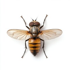 Fototapeta premium Detailed Close-Up of a Beautiful Insect with Delicate Wings and Striped Abdomen on a White Background
