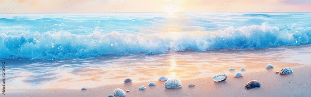 Poster ocean waves crashing on the shore with seashells scattered in a tranquil beachfront at sunset