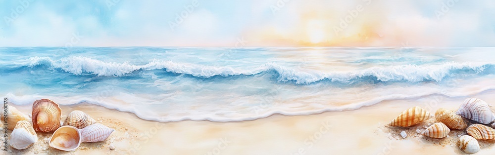 Poster serenity of a beach at sunset with gentle waves and seashells scattered on the shore