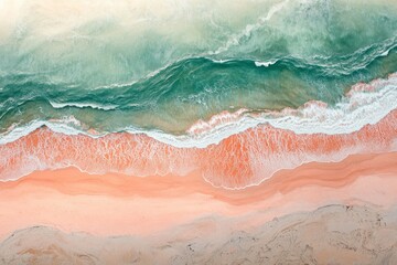 Fototapeta premium Aerial View of Waves Crashing on Sandy Beach with Vibrant Ocean Colors at Sunset