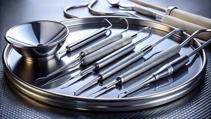 Dental Instruments on a Tray Illuminated with Soft Lighting