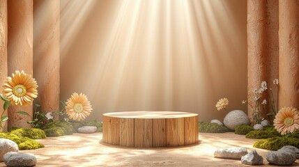 Natural cosmetic display with a wood podium, flowers, moss, and stone on a beige empty showcase, creating a serene and earthy backdrop for beauty products or branding.