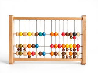 Wooden abacus against a white background with multiple colored beads, modern twist, minimalist aesthetic