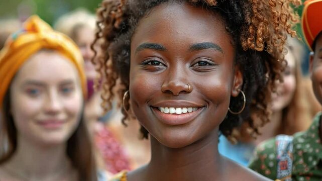 Smiling young woman leads a vibrant protest advocating for feminism during a sunny day in a city square