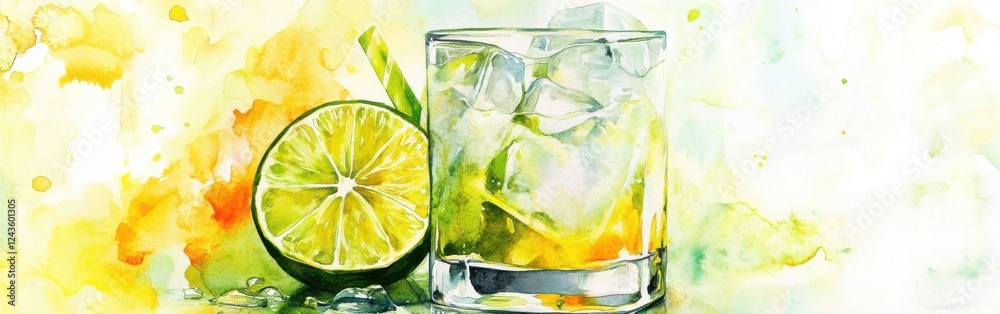 Poster refreshing lime cooler featuring ice cubes and a vibrant watercolor backdrop with bright citrus tone