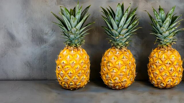 Fresh pineapples arranged in a row against a textured gray background, showcasing their vibrant color and unique texture